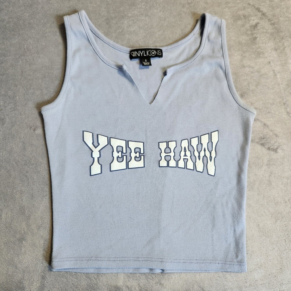 The Vinyl Icons Yee Haw Graphic Crop Tank Top Blue Notch Neck Small S